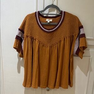 Entro Mustard Smocked Blouse with Striped Sleeves